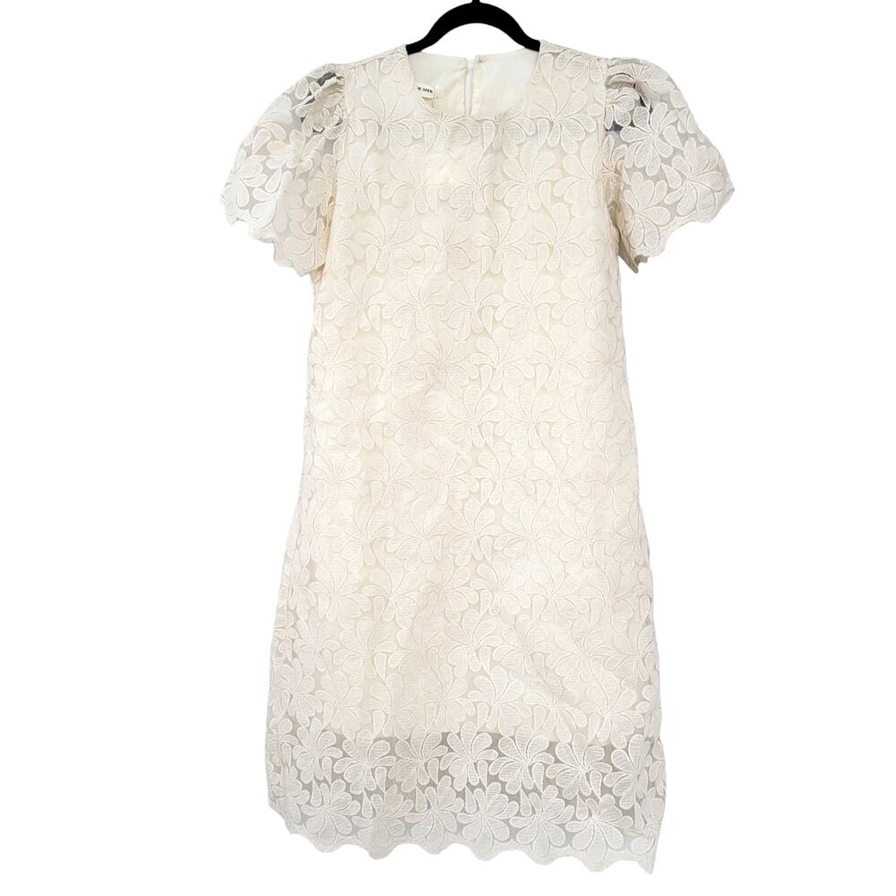 TheOpen Product Ivory Floral Applique Short Sleeve Shift Dress Women Sz S/M - Picture 2 of 7